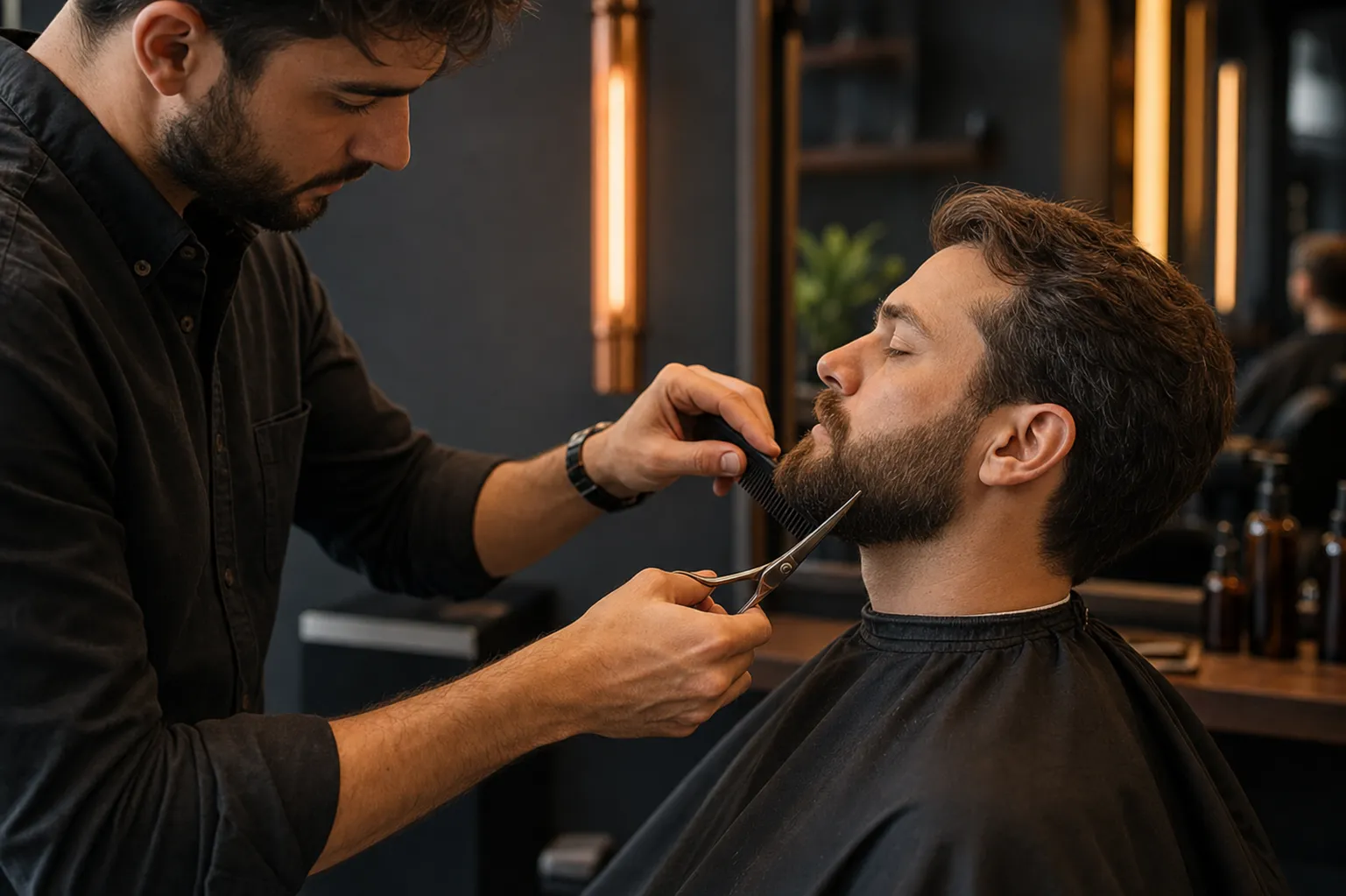 Barber precyzyjnie modelujący brodę klienta