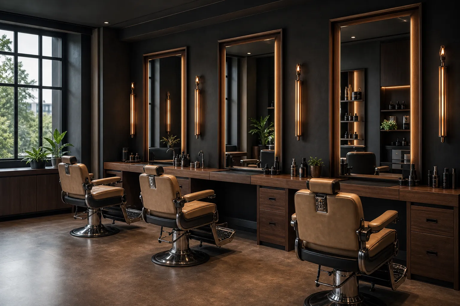 Trzy stanowiska barberskie w grafitowo-miedzianym wnętrzu