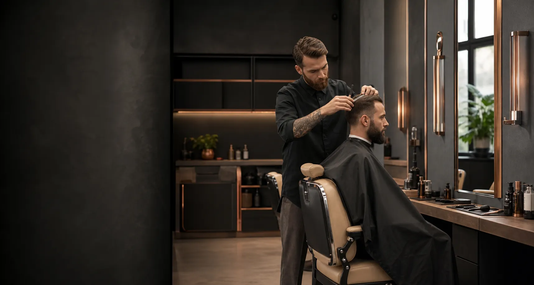 Barber wykonujący precyzyjne strzyżenie w nowoczesnym salonie